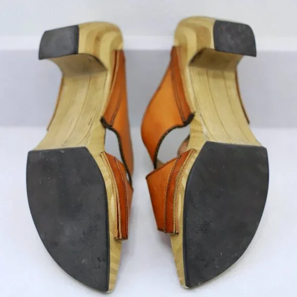 Vintage John Fluevog Orange Leather Wooden Platform Heels Slide Sandals - Picture 4 of 4